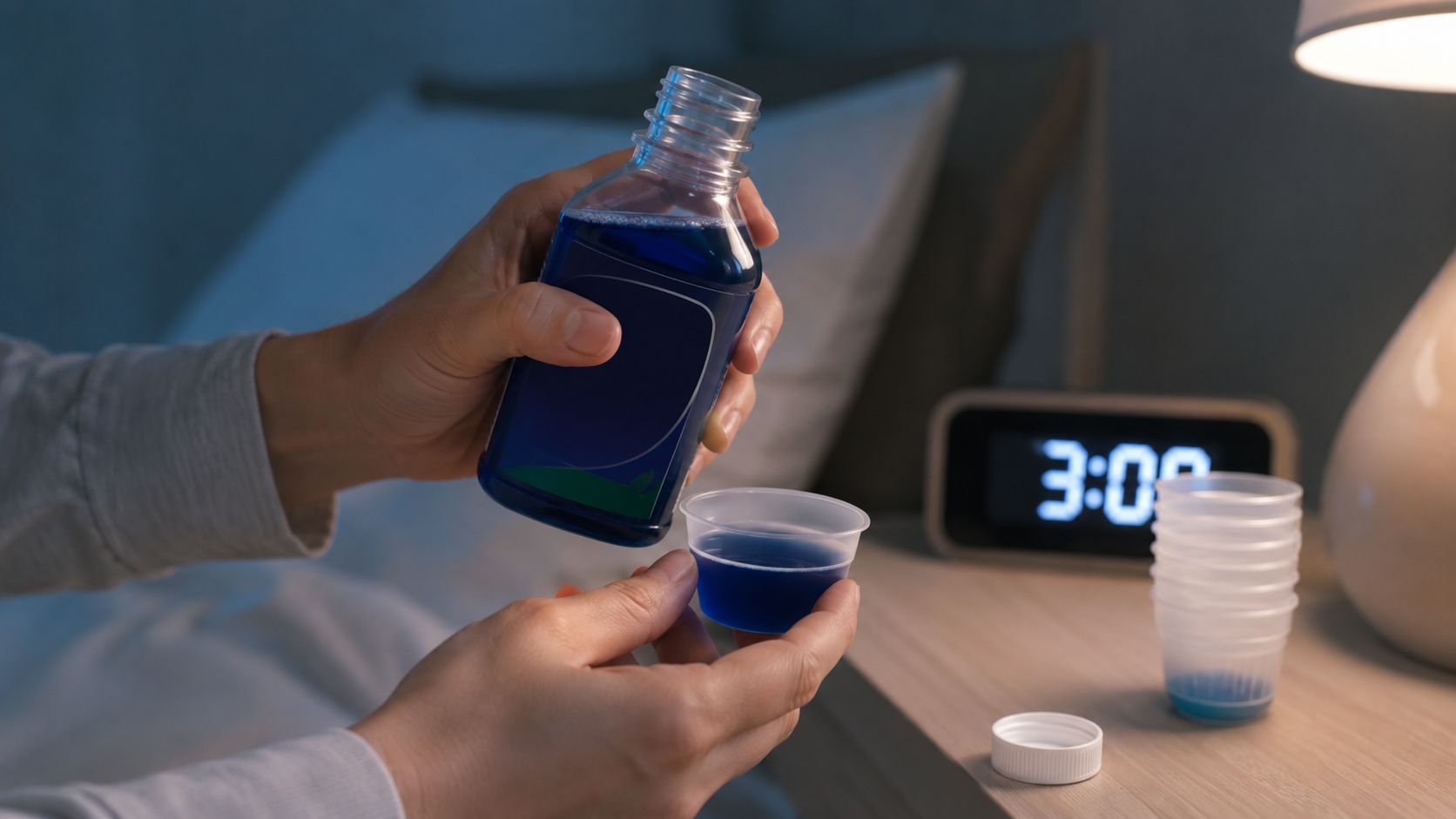 A person pouring blue cold medicine from a bottle into a small measuring cup at night.
