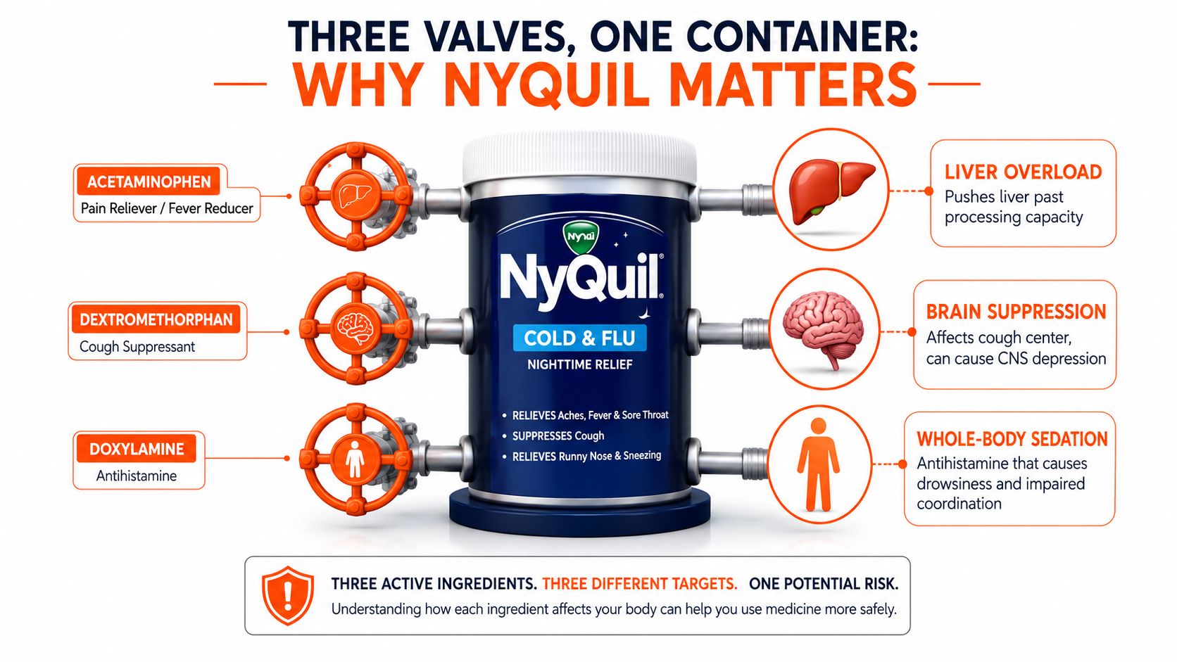 An infographic detailing the three main active ingredients in NyQuil and their corresponding effects on the body.