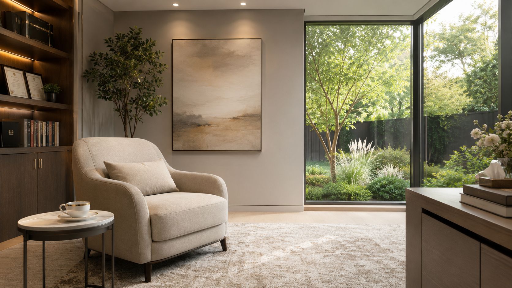 A serene and modern office space featuring a comfortable armchair, a bookshelf, and a large window.