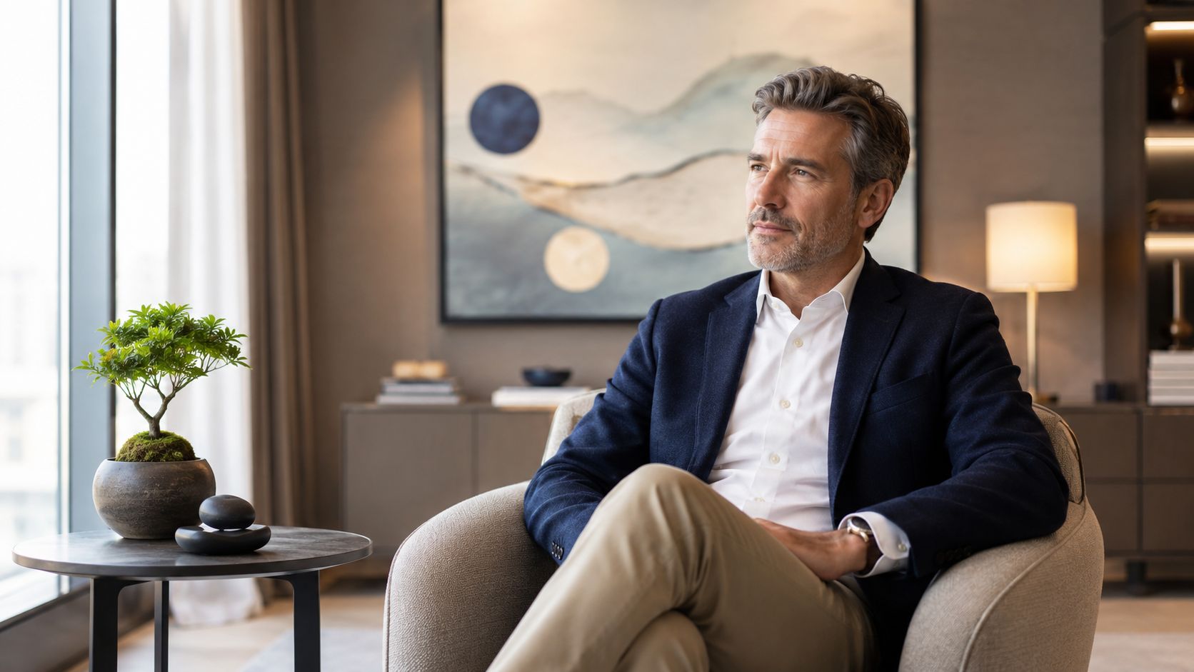 A sophisticated middle-aged man in a suit relaxing in a luxury office setting, looking thoughtful.