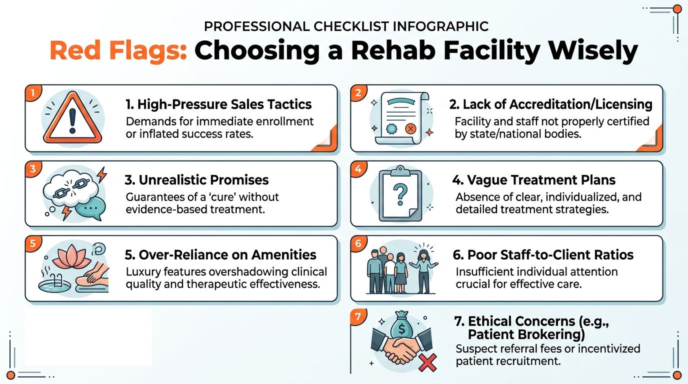 An infographic detailing seven red flags to watch for when choosing a professional rehabilitation facility.