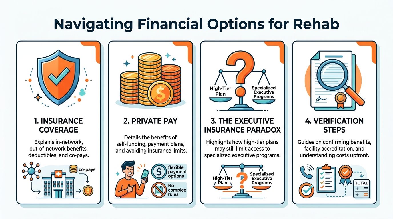 An infographic showing four financial options for addiction rehabilitation including insurance, private pay, and verification steps.