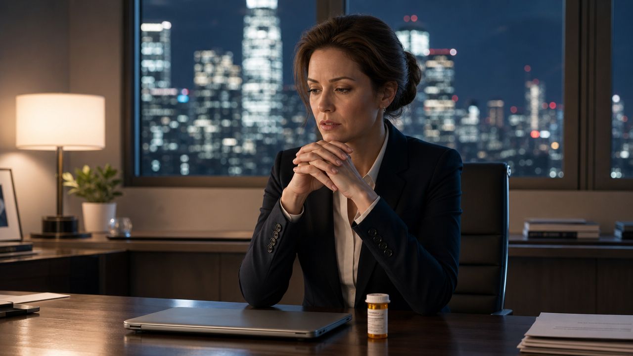 A professional woman sits at her desk in a dimly lit office with a pill bottle.