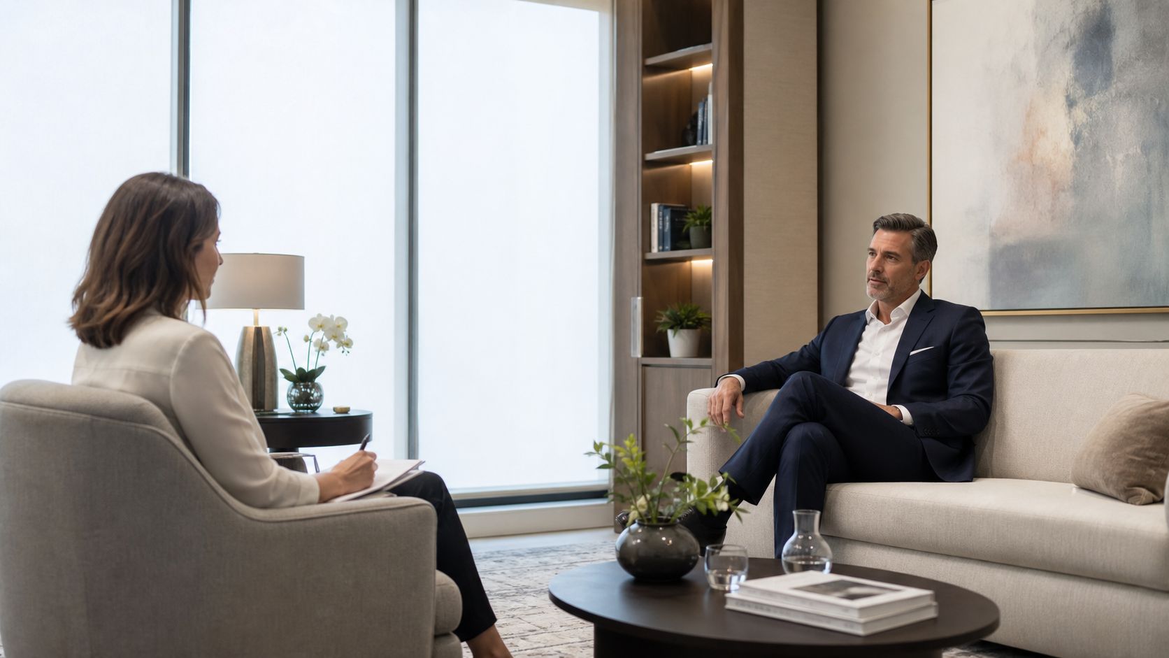 A professional woman interviewing a man in a modern office space, capturing a corporate consultation setting.