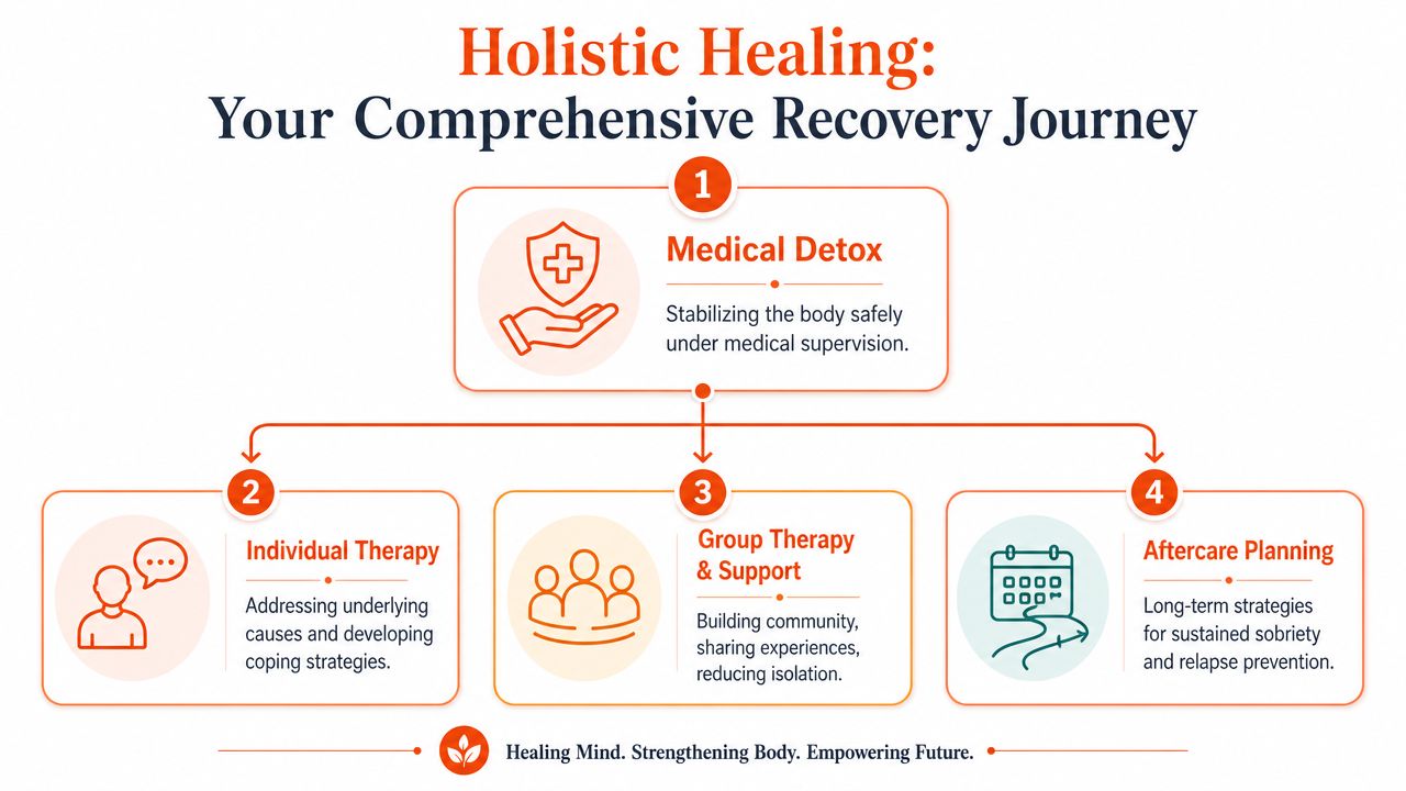 A diagram outlining a four-step holistic recovery journey, including medical detox, individual therapy, group support, and aftercare.