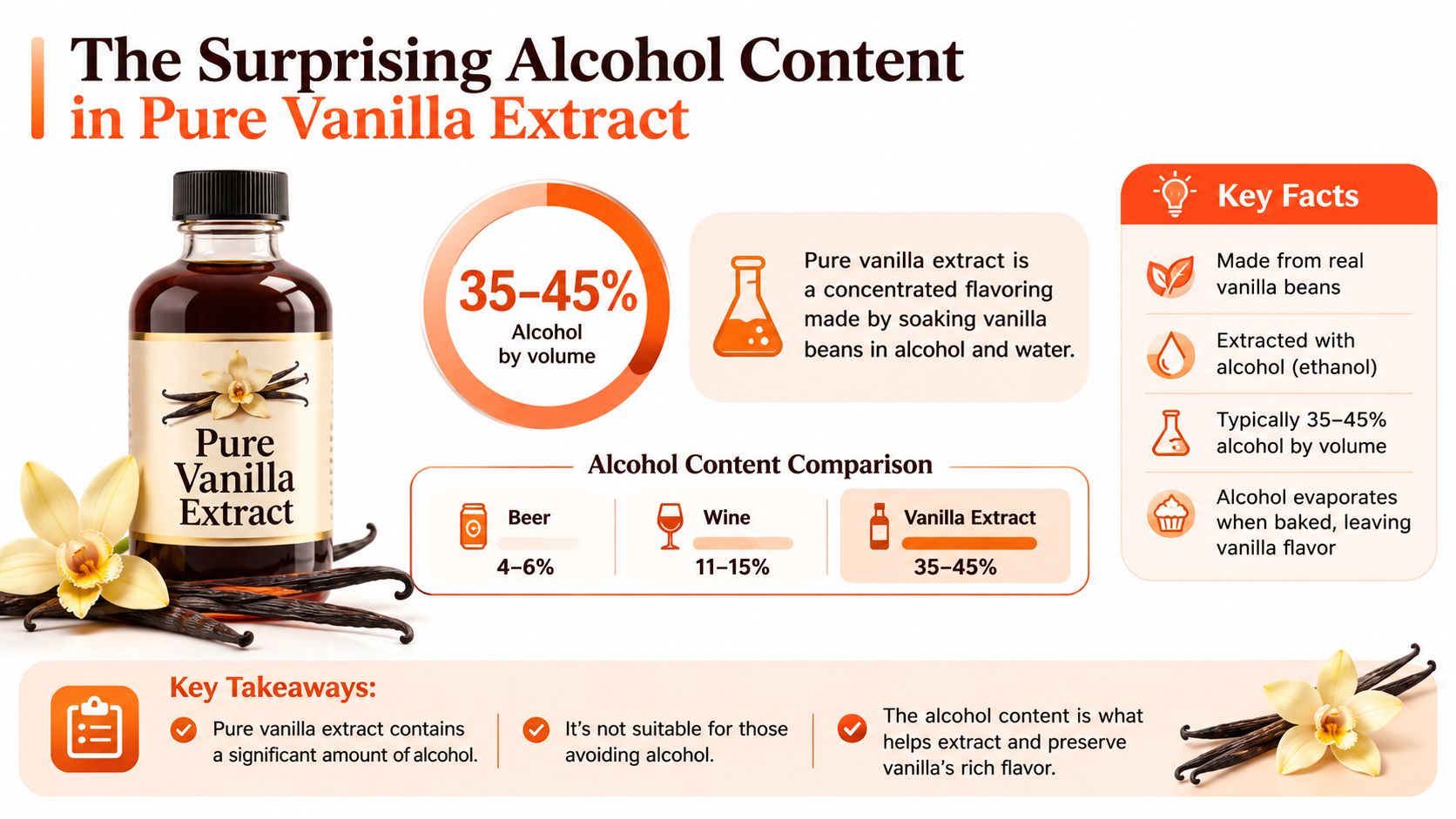 An infographic showing the high alcohol content in pure vanilla extract compared to beer and wine.