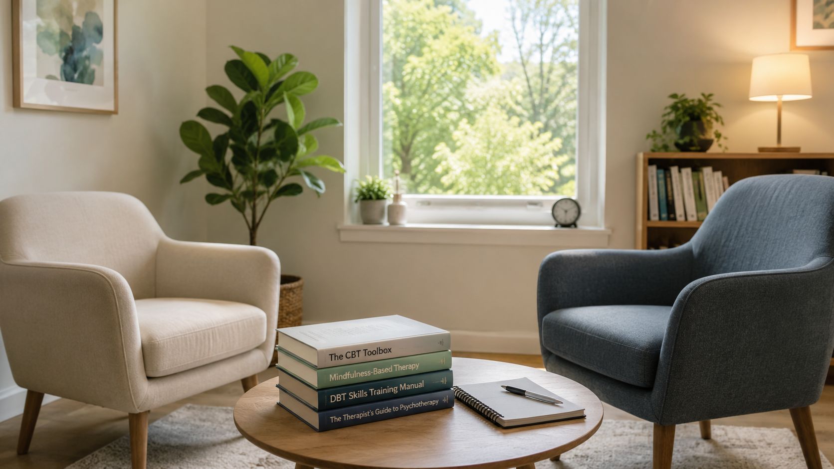 A quiet psychotherapy office with two chairs, books on a coffee table, and a calm atmosphere.