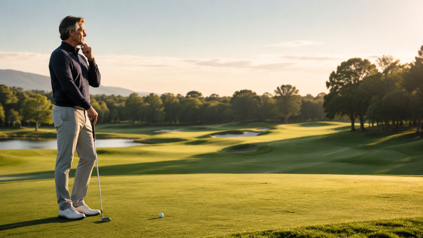 A golfer standing thoughtfully on a lush green golf course, contemplating his next shot at sunset.