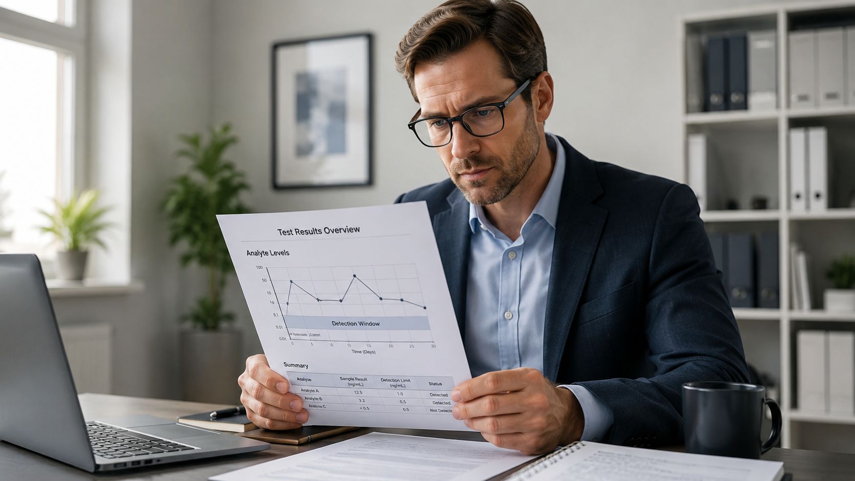 A professional man in a suit carefully reviewing a document displaying test results and analyte level charts.