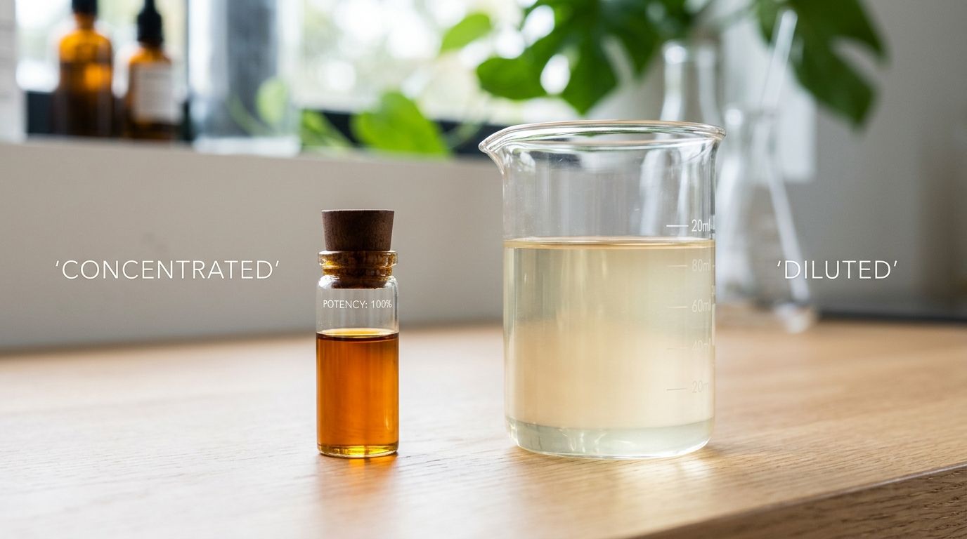 A glass vial of concentrated extract beside a laboratory beaker of diluted liquid on a wooden surface.