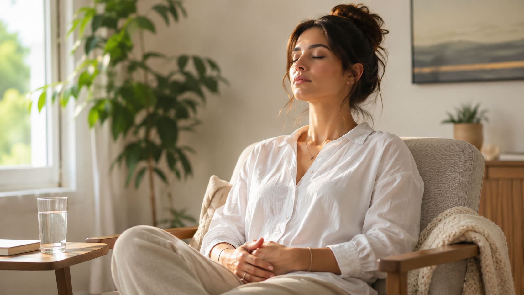 A woman with her eyes closed, sitting peacefully in an armchair, practicing meditation for mental relaxation.