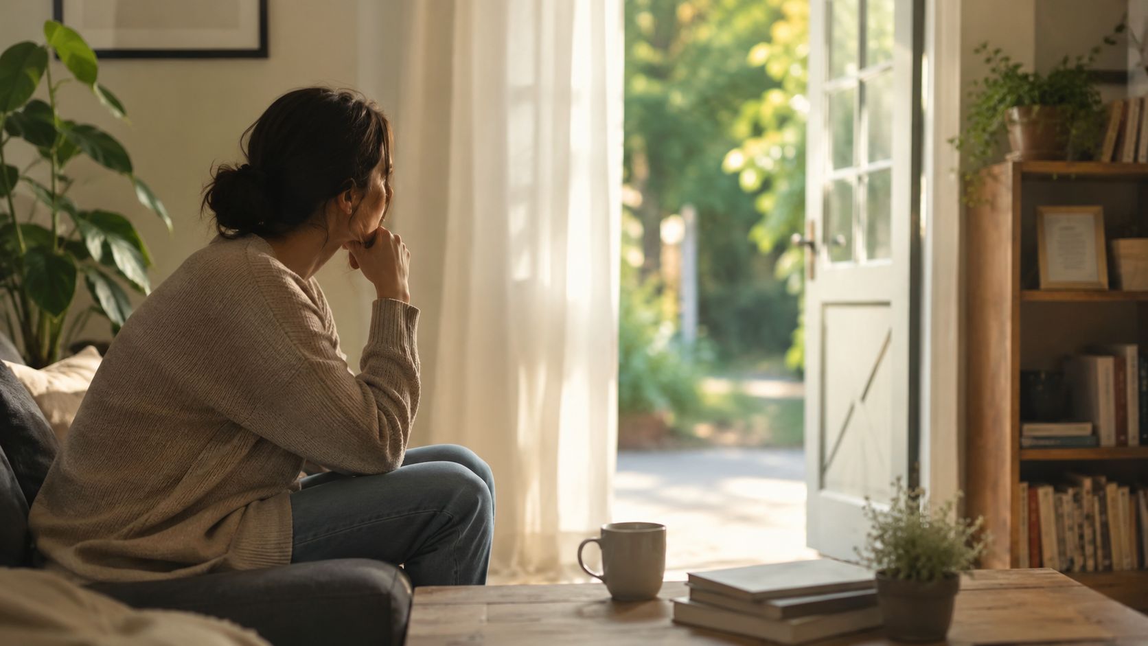 A pensive woman sits on a sofa, looking out an open door towards a sunlit garden.