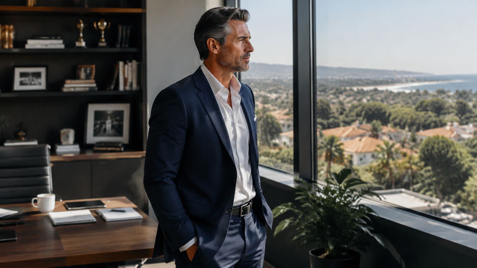 A sophisticated businessman stands in a luxury office overlooking an expansive coastal view in California.