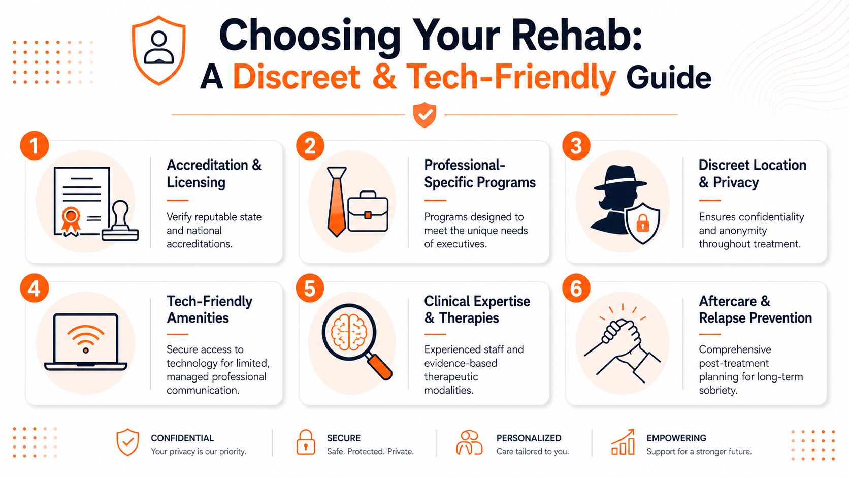 An infographic titled Choosing Your Rehab detailing six key factors for selecting a professional recovery program.