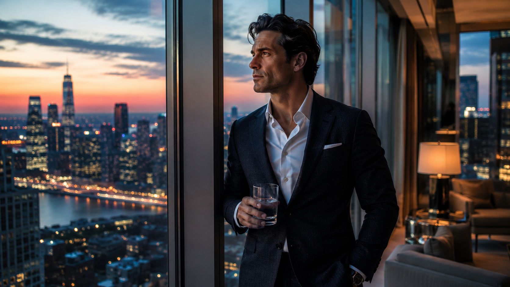 A sophisticated businessman stands in a high-rise office looking out at a scenic city skyline at sunset.