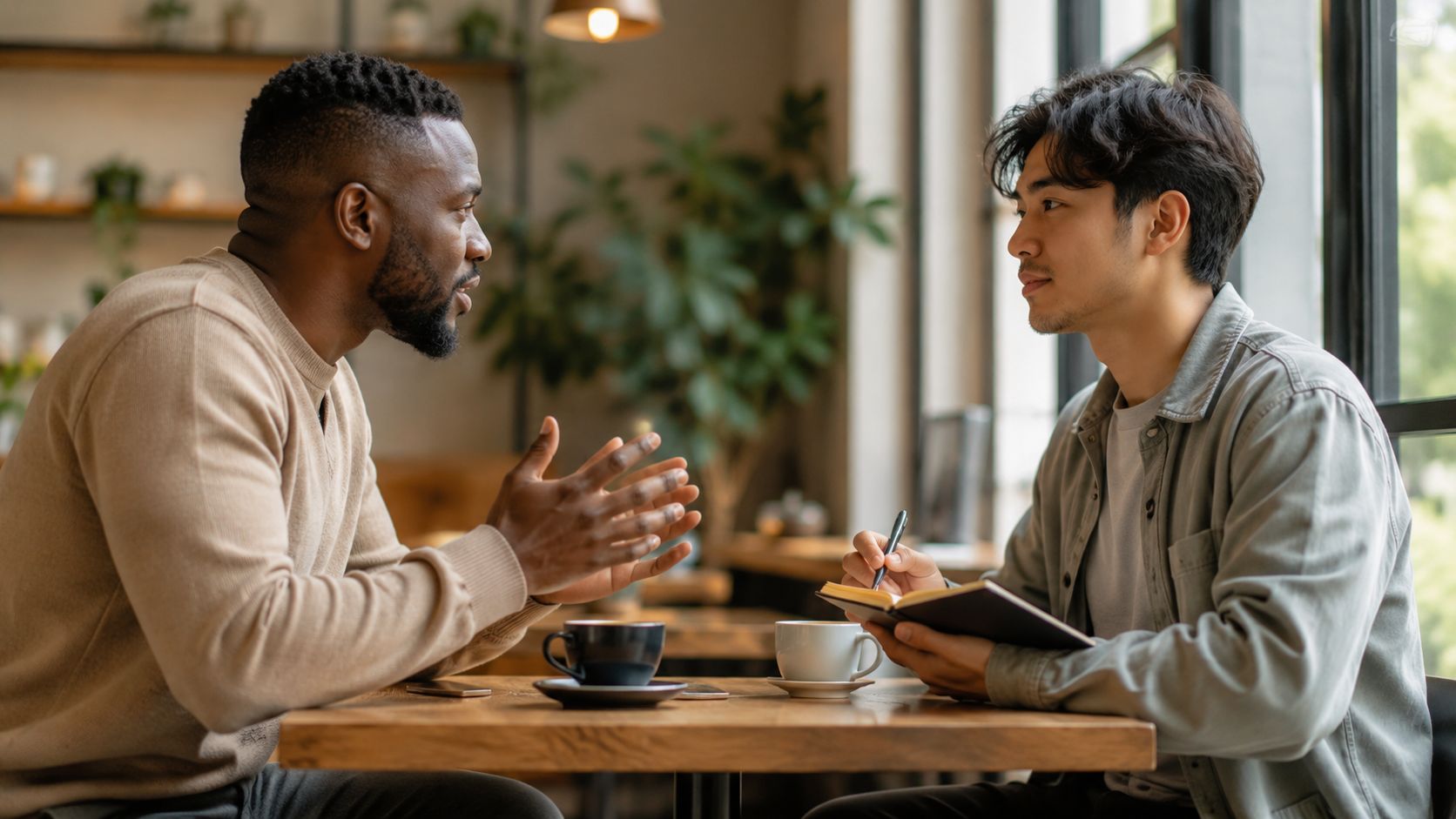 Two men having a serious conversation at a wooden table in a brightly lit coffee shop.