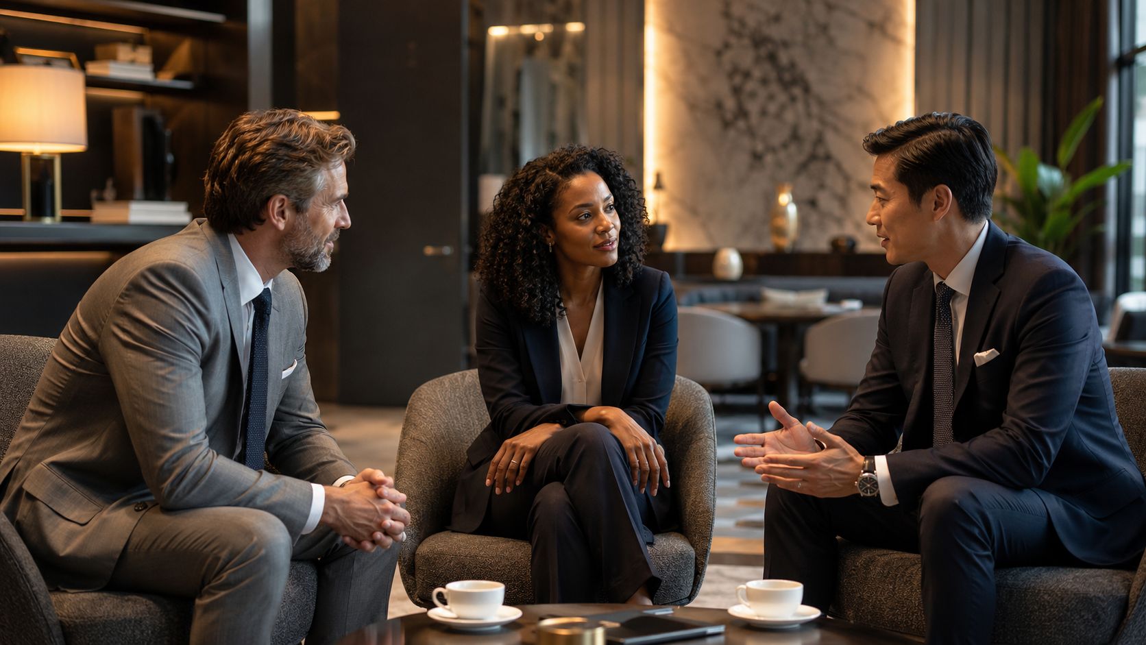 Three professionals in formal business attire engaging in a collaborative discussion within a sophisticated office lounge area.