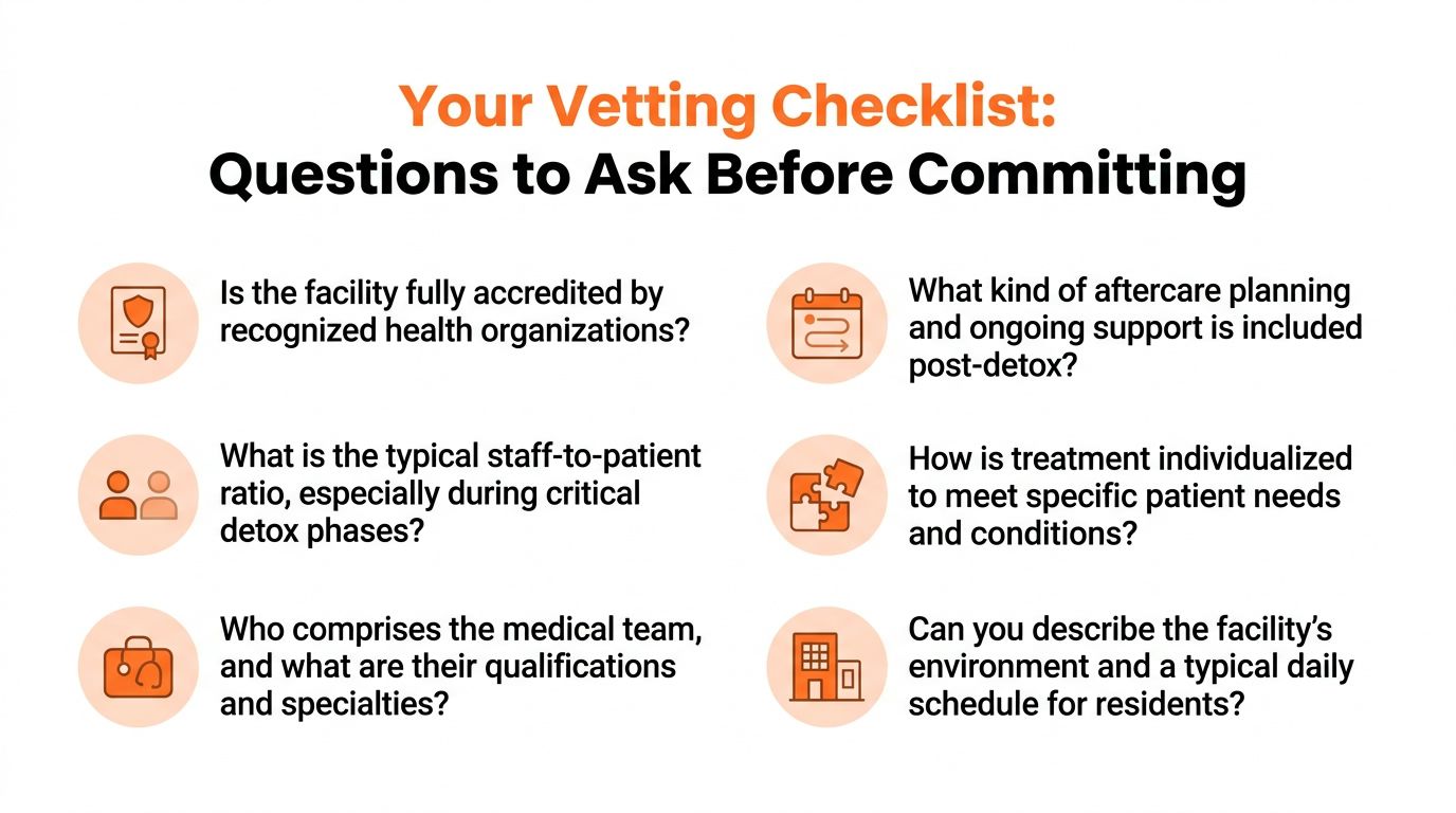 A vetting checklist with questions to ask when choosing a professional detox facility for medical treatment.