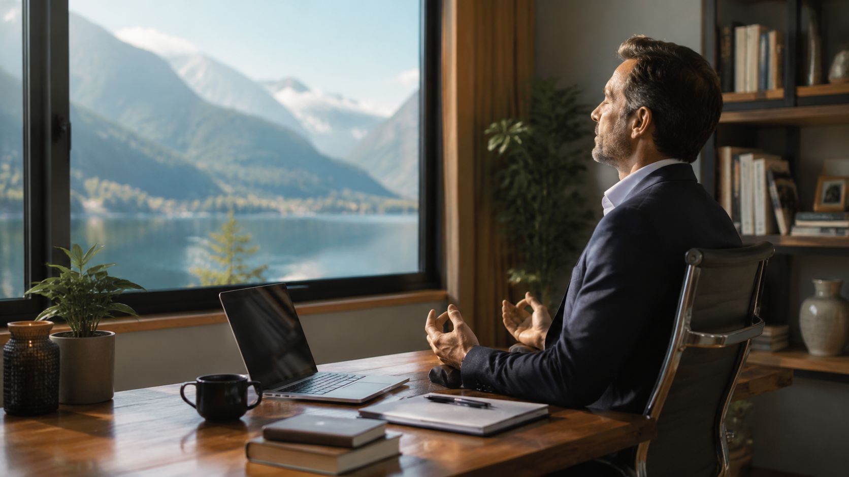 A professional man meditating at his desk while overlooking a serene lake and mountain landscape.