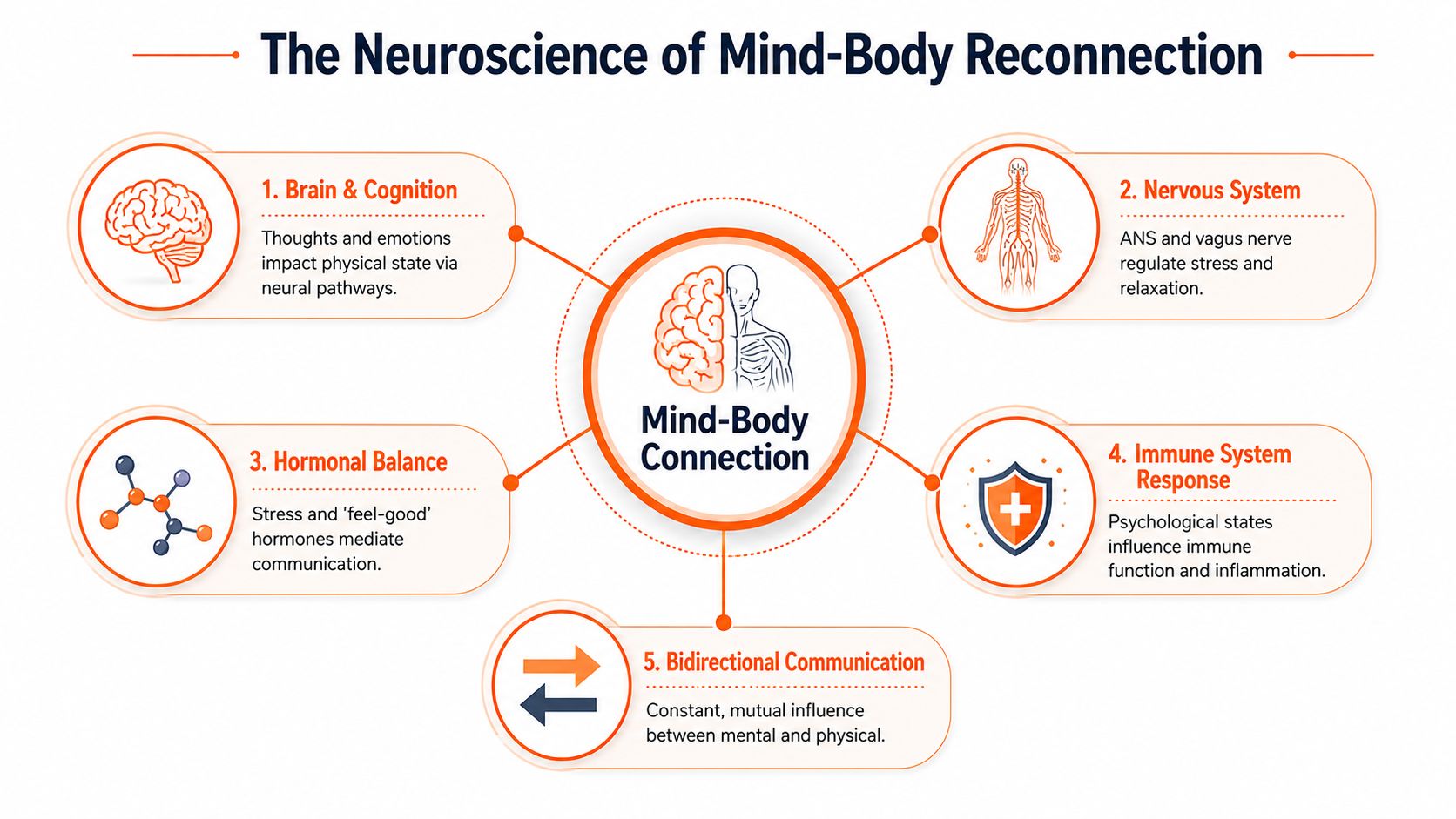 A diagram illustrating the neuroscience of mind-body reconnection through five key biological and psychological systems.