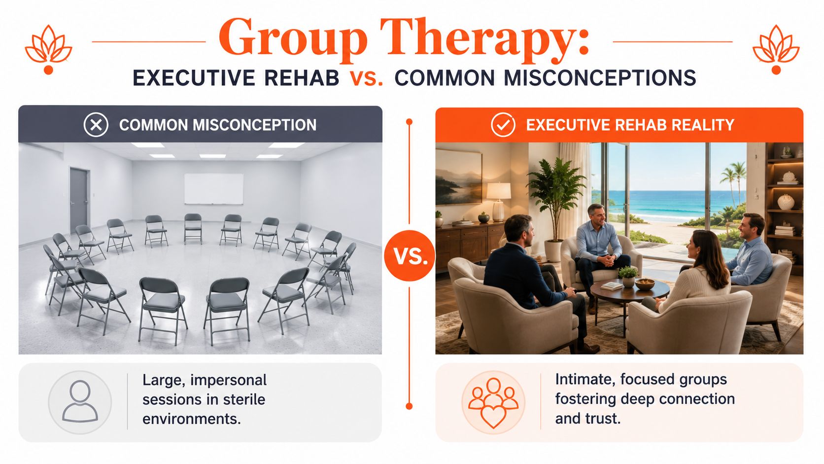 A comparison showing a sterile classroom group therapy room versus an intimate, luxurious setting by the beach.