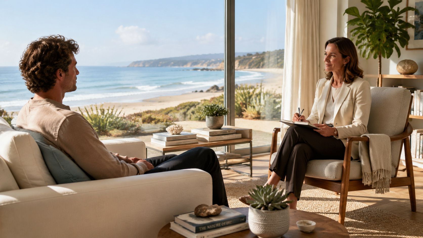 A professional therapist holds a consultation with a male patient in a bright room overlooking the ocean.