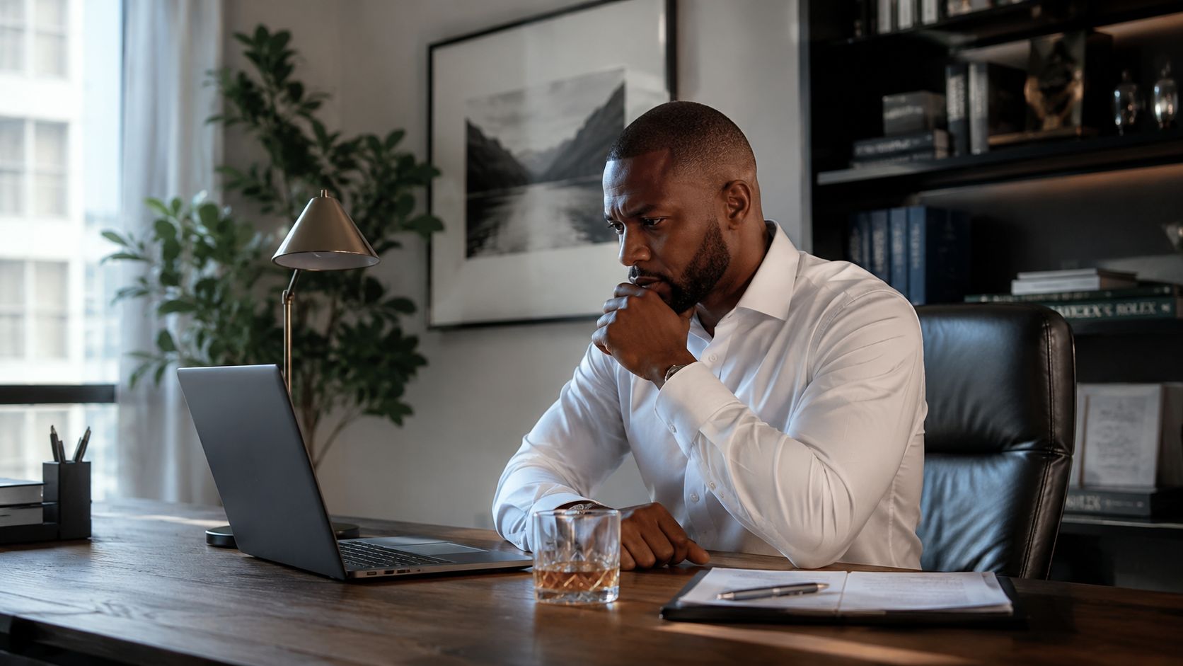 A professional man sits at a desk looking concerned while working on a laptop near a glass of whiskey.