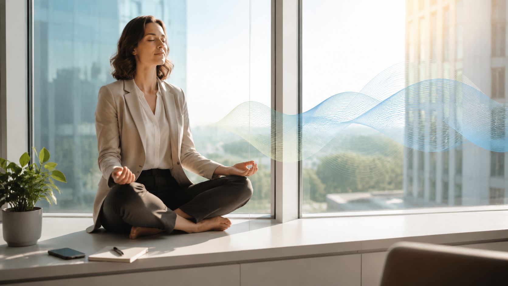 A professional woman in business attire sits meditating peacefully on a sunny office windowsill.
