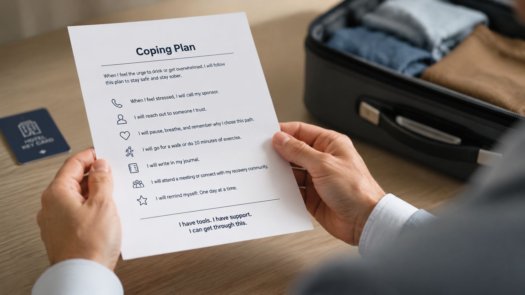 A person holding a printed paper titled Coping Plan for maintaining sobriety while traveling.