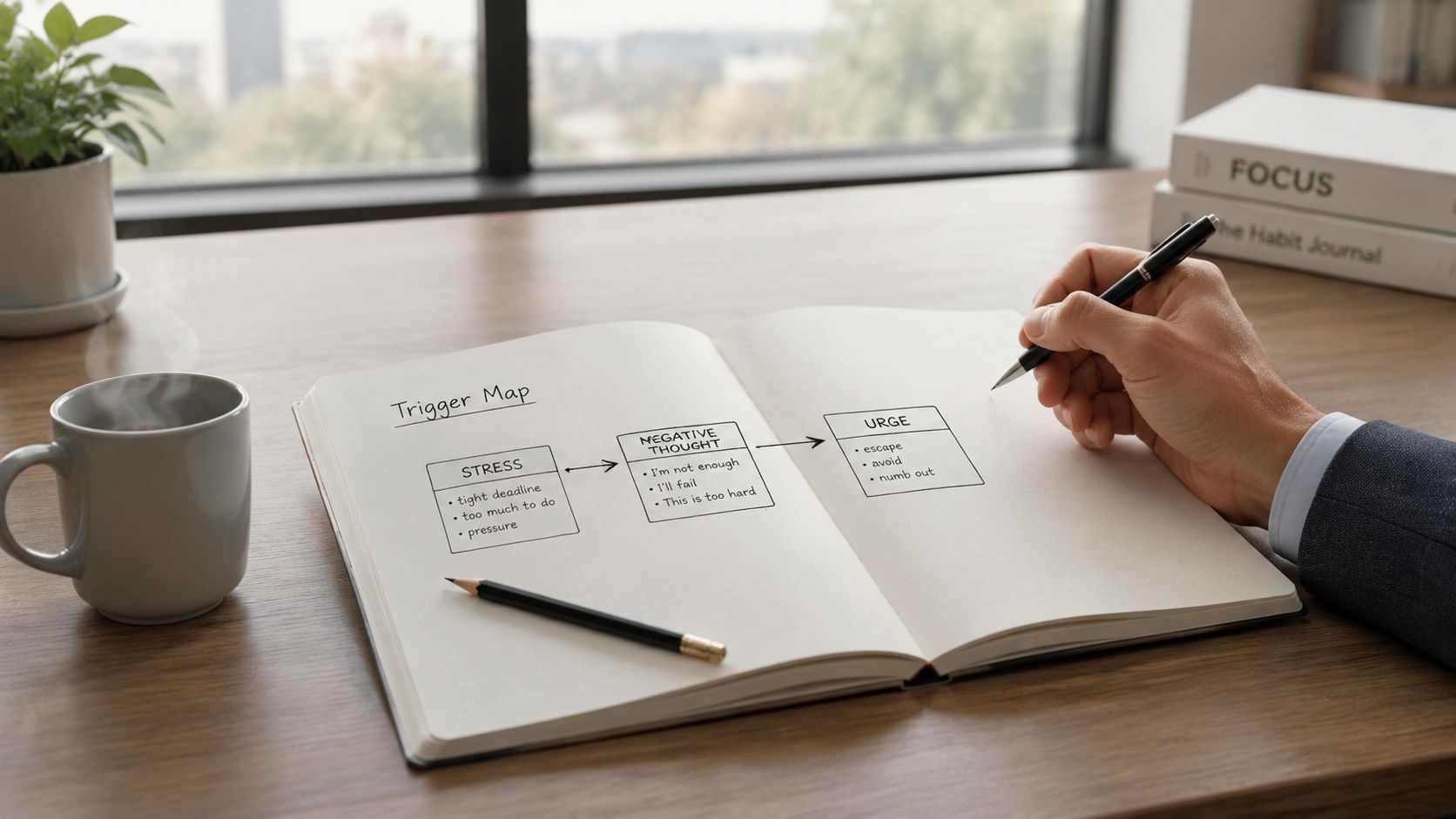 A hand drawing a trigger map in a notebook to illustrate stress, negative thoughts, and urges.