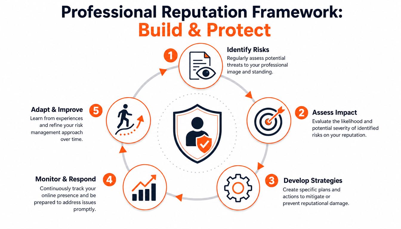 A circular infographic detailing a five-step professional reputation framework for building and protecting a career.