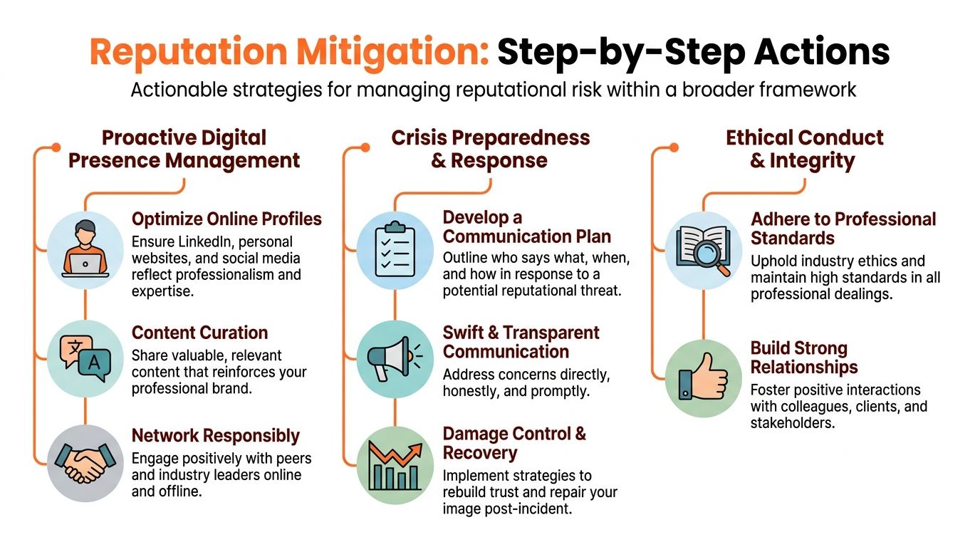 An infographic outlining step-by-step strategies for proactive reputation mitigation, crisis response, and maintaining ethical integrity.