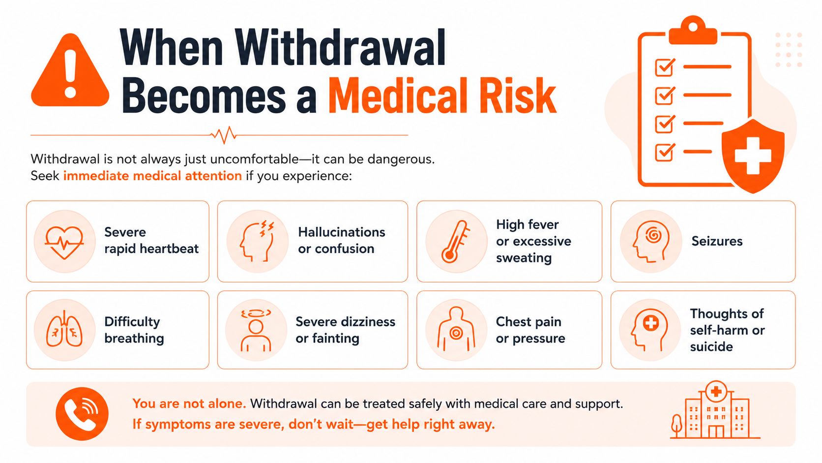An infographic detailing severe medical risks and symptoms of withdrawal that require immediate professional medical attention.