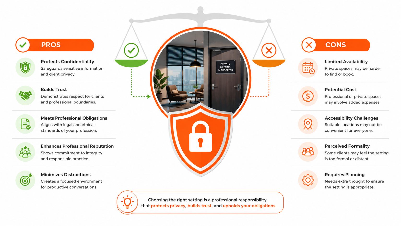 An infographic comparing the pros and cons of conducting private professional meetings in secure, confidential settings.