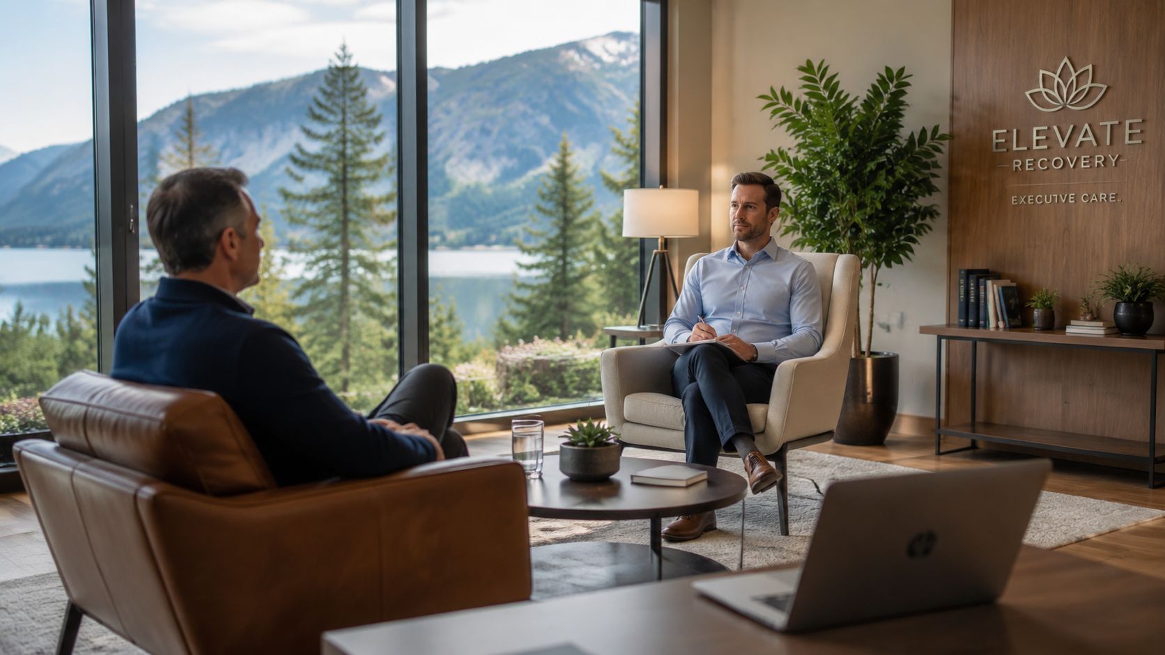 A professional therapist conducting a counseling session with a patient in an office overlooking mountain scenery.