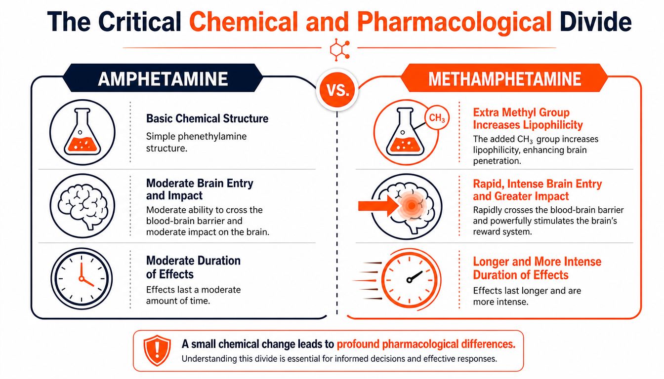 An infographic comparing the chemical and pharmacological differences between amphetamine and methamphetamine including brain entry and duration.