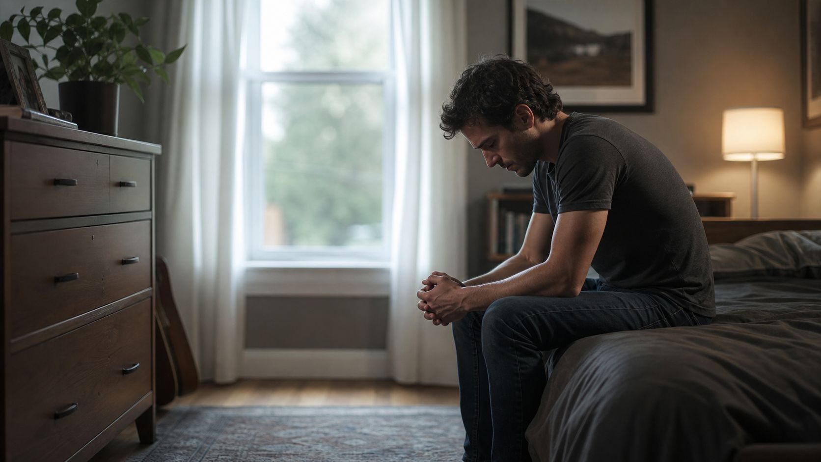 A lonely young man sitting on the edge of his bed looking down in deep sadness.