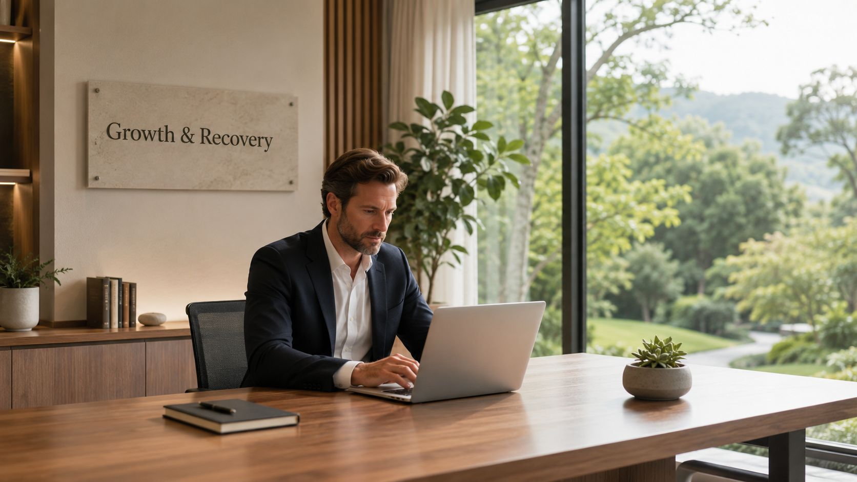 A professional man in a business suit working on his laptop in a bright, modern office space.