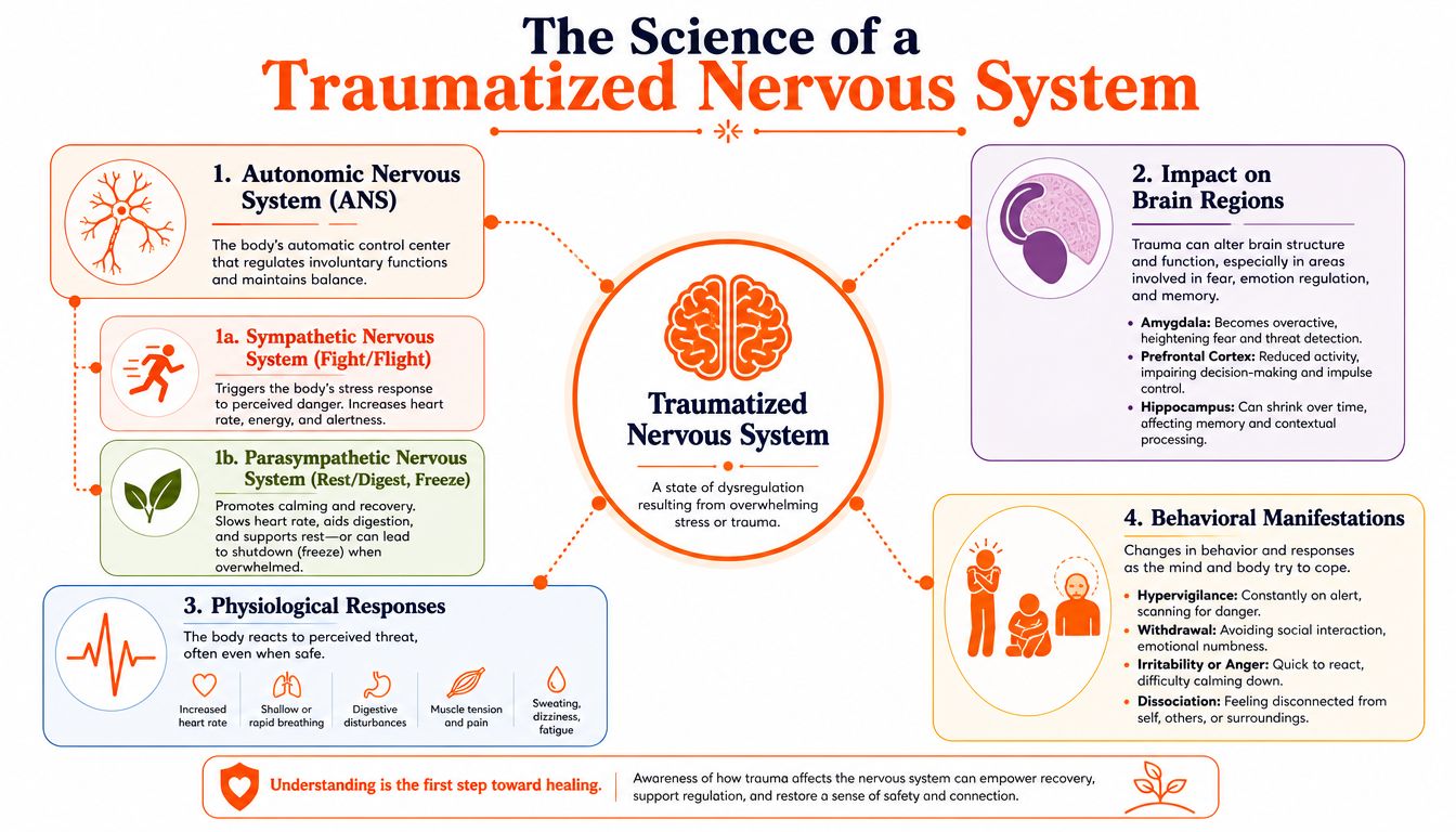 An infographic showing how trauma impacts the nervous system, brain regions, physical health, and human behavior.