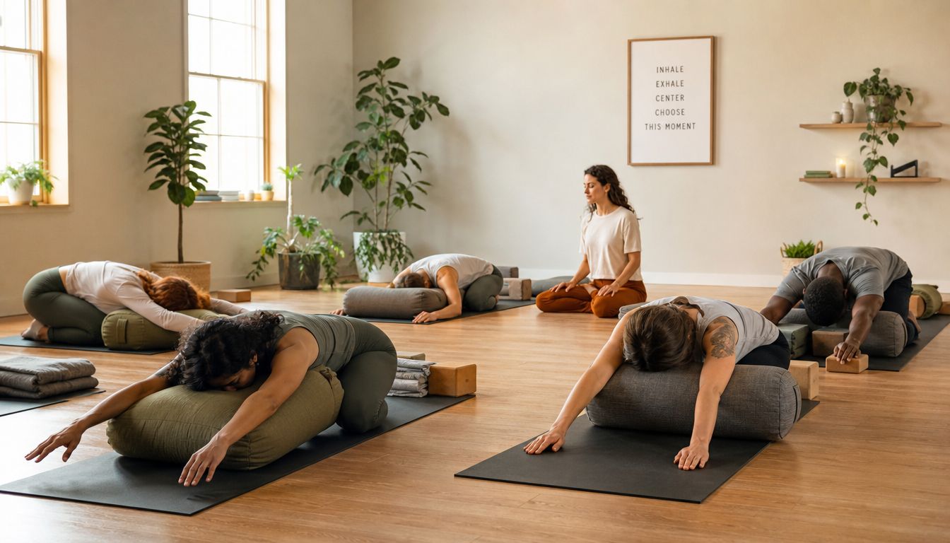 A group of people in a yoga studio practicing restorative child pose with bolsters and yoga blocks.