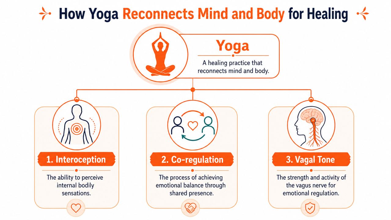 An infographic titled How Yoga Reconnects Mind and Body for Healing, explaining interoception, co-regulation, and vagal tone.