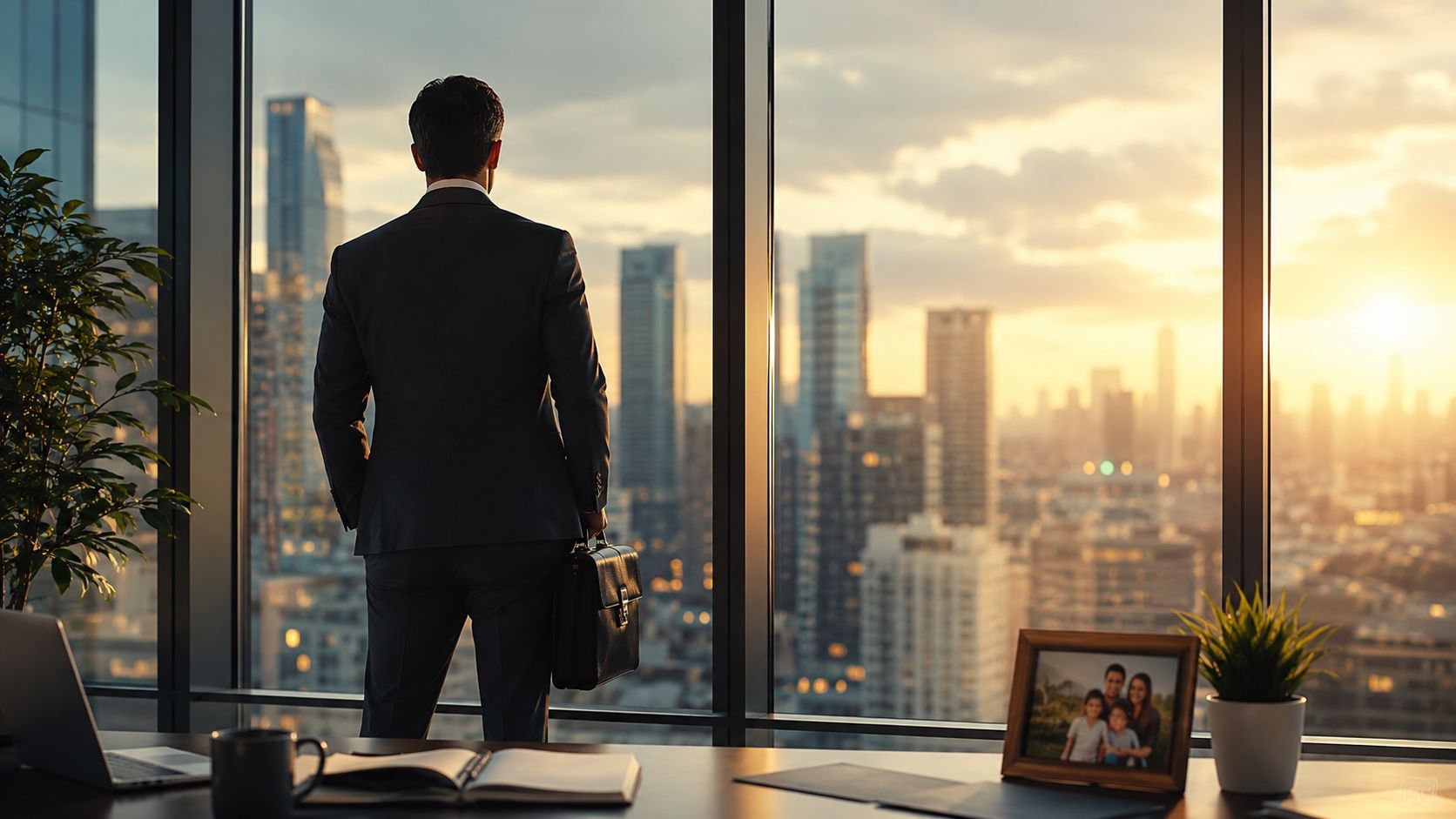 A businessman in a suit looks out of a high-rise window at a sunset cityscape.