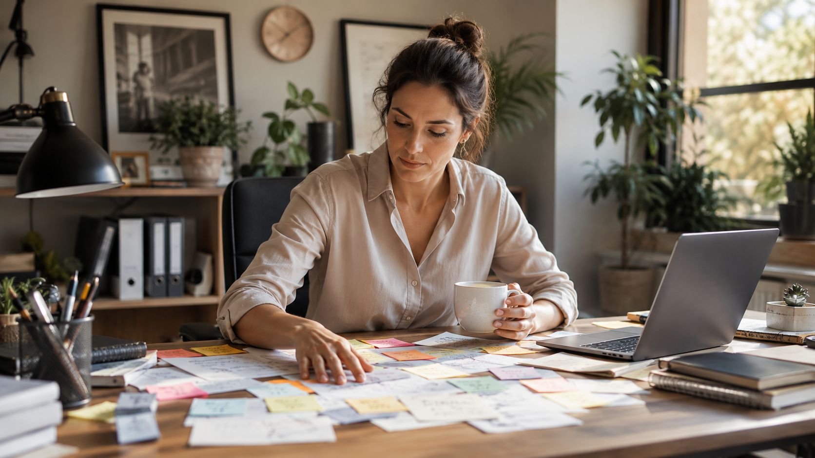 A woman working at a desk filled with scattered papers and sticky notes while holding coffee.