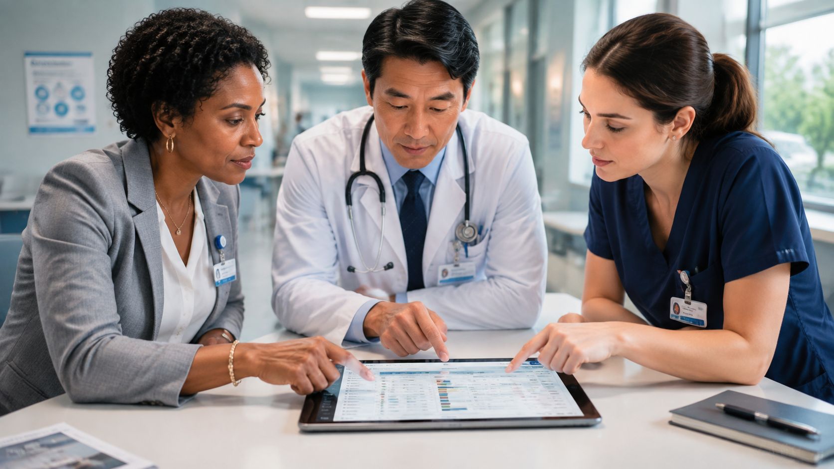 A diverse group of healthcare professionals collaboratively reviewing patient data on a tablet in a hospital hallway.