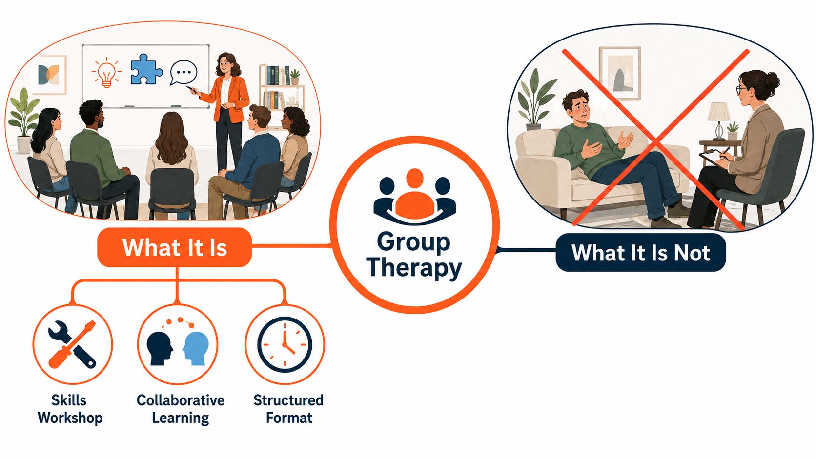 A visual comparison infographic distinguishing group therapy from individual therapy sessions, using icons and descriptive illustrations.