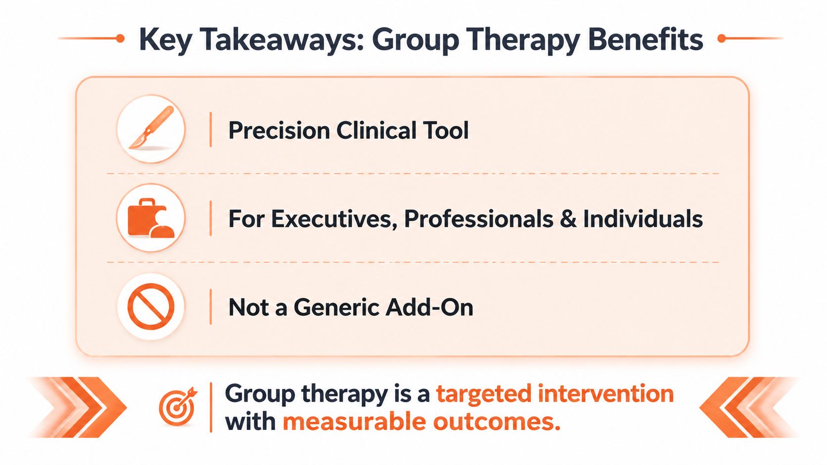 An infographic titled Key Takeaways Group Therapy Benefits highlighting its role as a targeted professional clinical intervention.