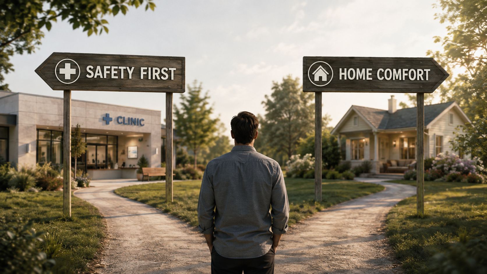 A person standing at a fork in the road choosing between a medical clinic and a house.