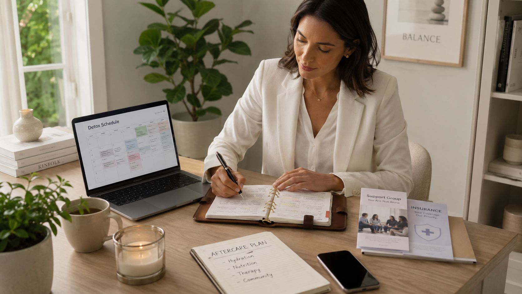 A professional woman in a blazer works at her desk with a detox schedule, planner, and aftercare plan.