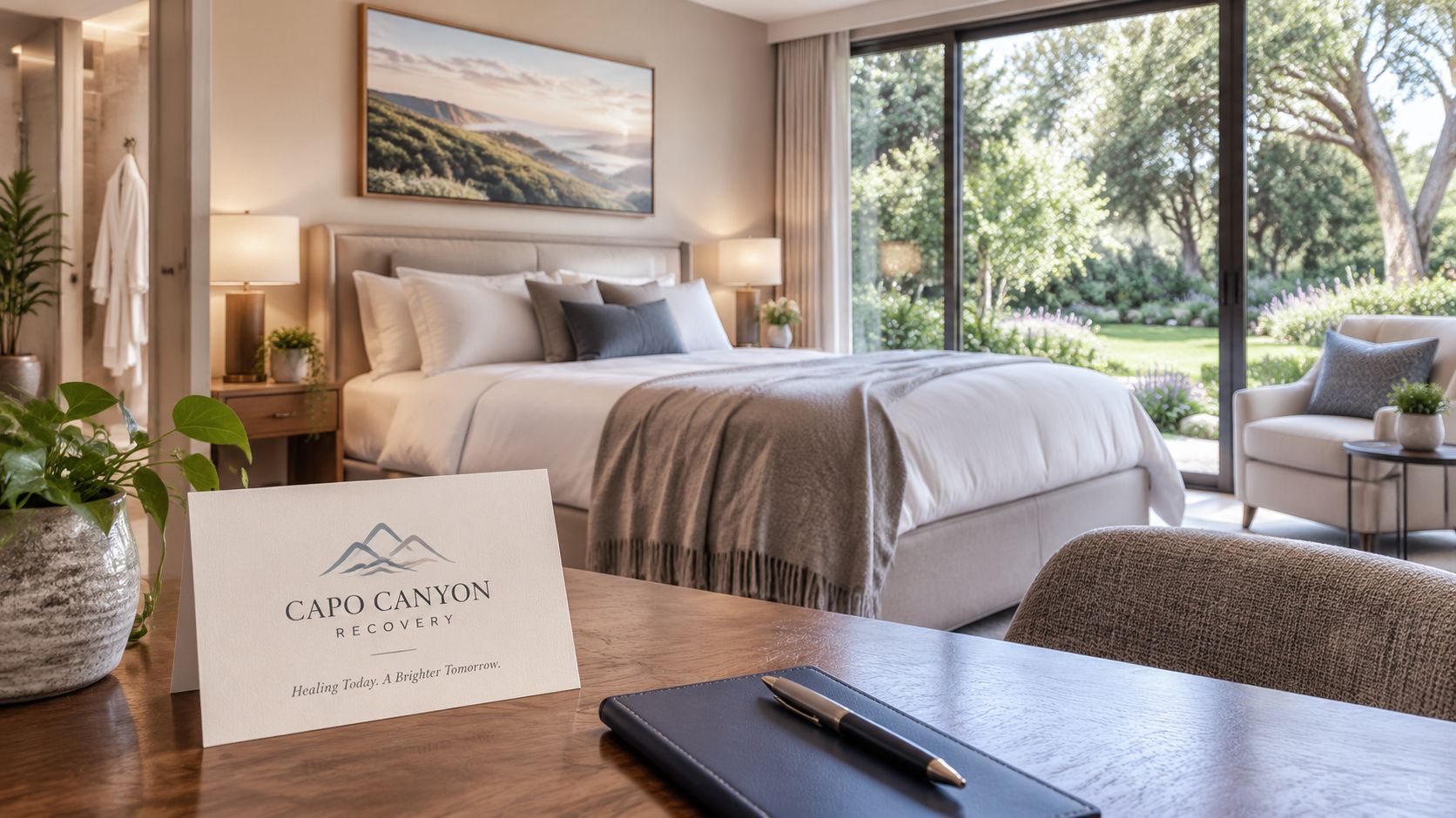 A luxurious bedroom interior with a Capo Canyon Recovery welcome card placed on a wooden desk.