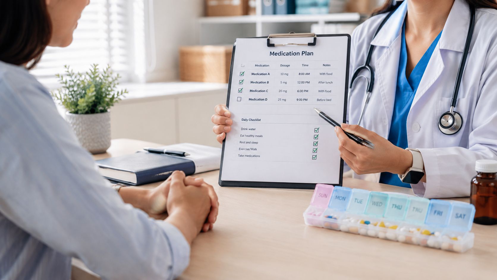 A doctor explaining a medication plan checklist to a patient during a medical consultation session.
